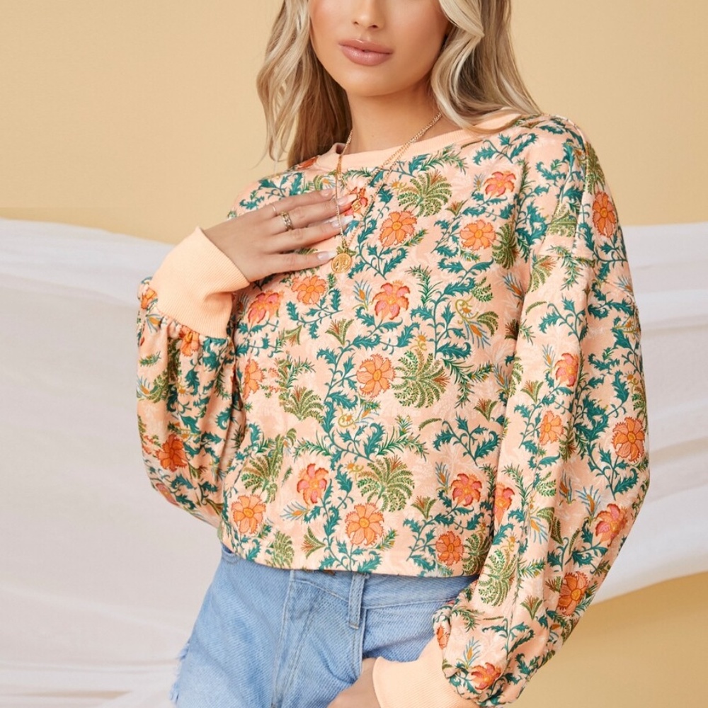 orange floral print lantern sleeve spring sweater - Picture 4 of 4